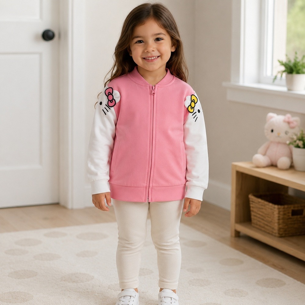 Hello Kitty Sanrio Girls Pink White Bomber Track‎ Jacket Full Zip Size 4